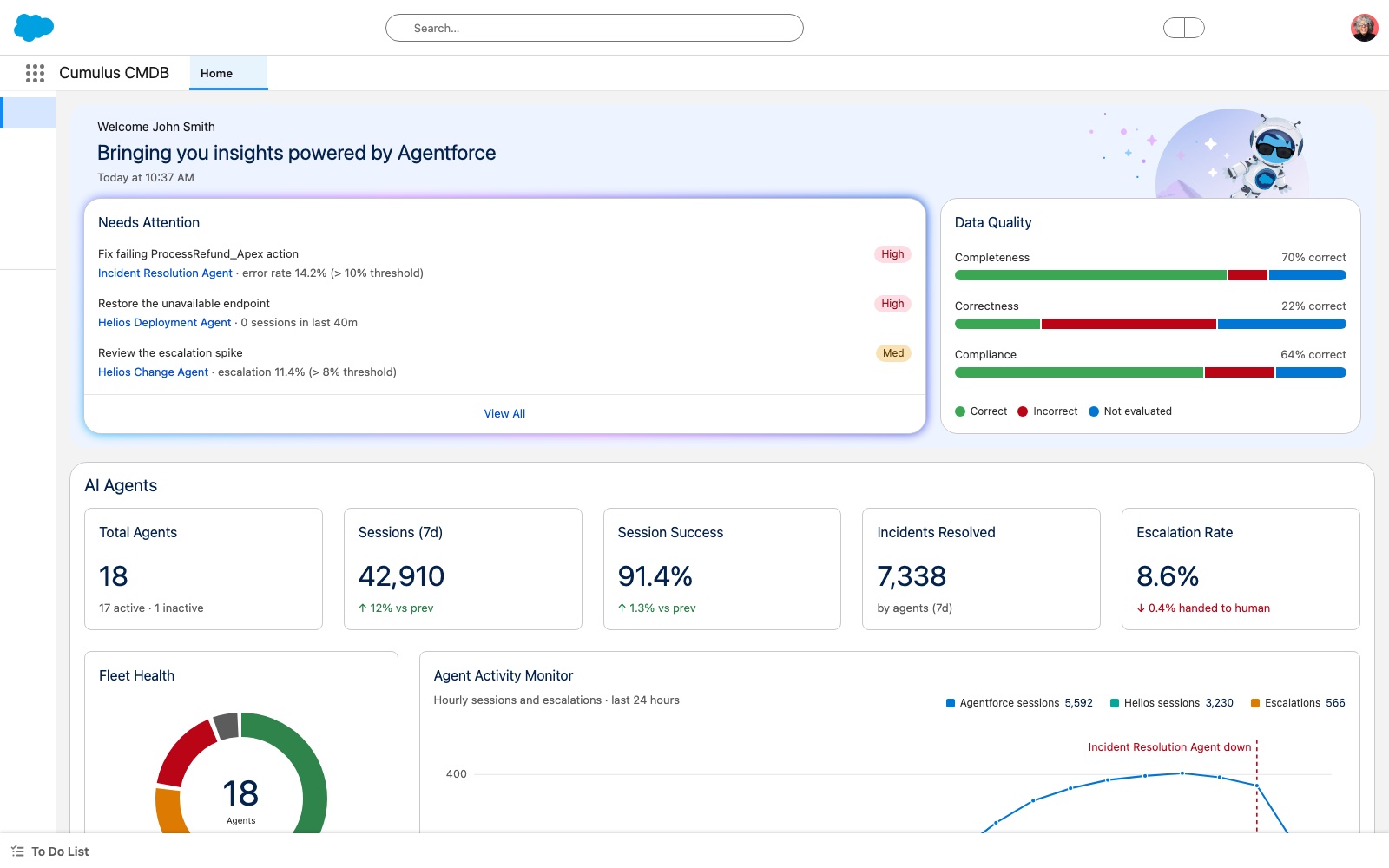CMDB AI Control Tower home on a MacBook, with a Needs Attention queue, data quality bars, and AI agent fleet KPIs
