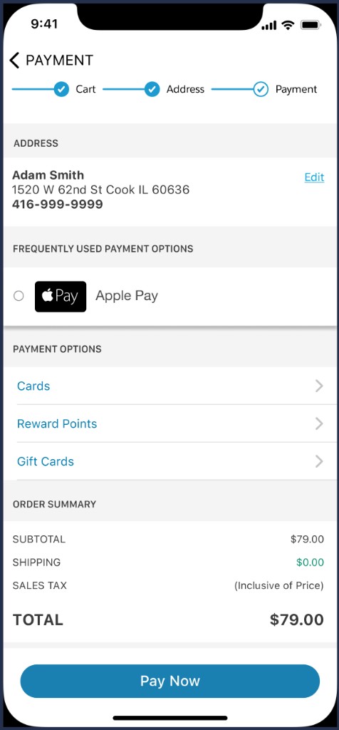 NTO app payment, address, Apple Pay, and Reward Points options