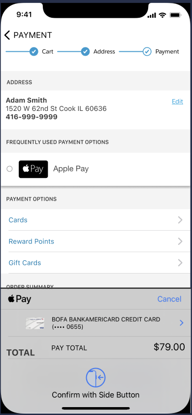 NTO app checkout, confirm payment with Apple Pay