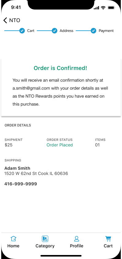 NTO app, order confirmed with NTO Rewards points earned