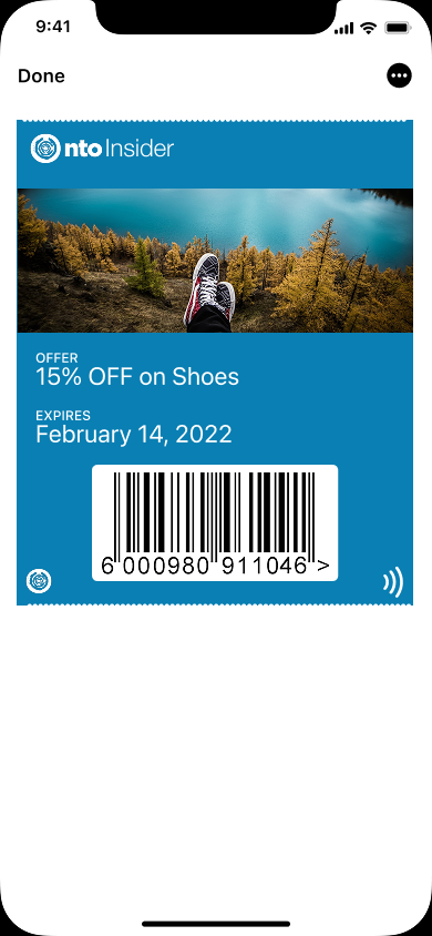NTO Insider coupon pass, 15% off Shoes, expires February 14 2022, redeemable via barcode