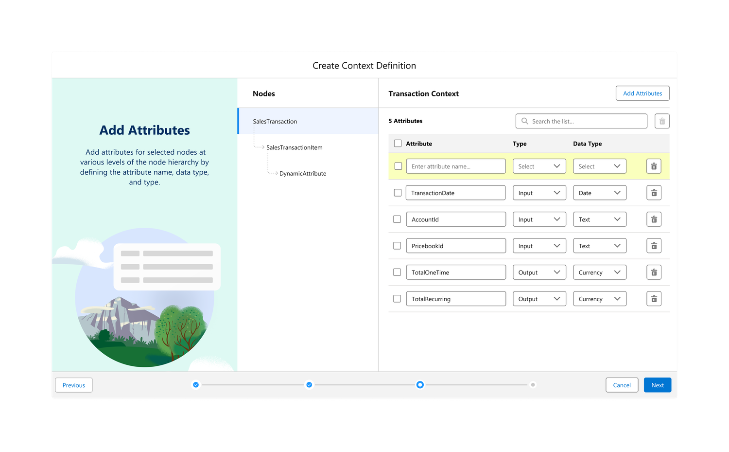 Add Attributes screen: fields with relevant data types