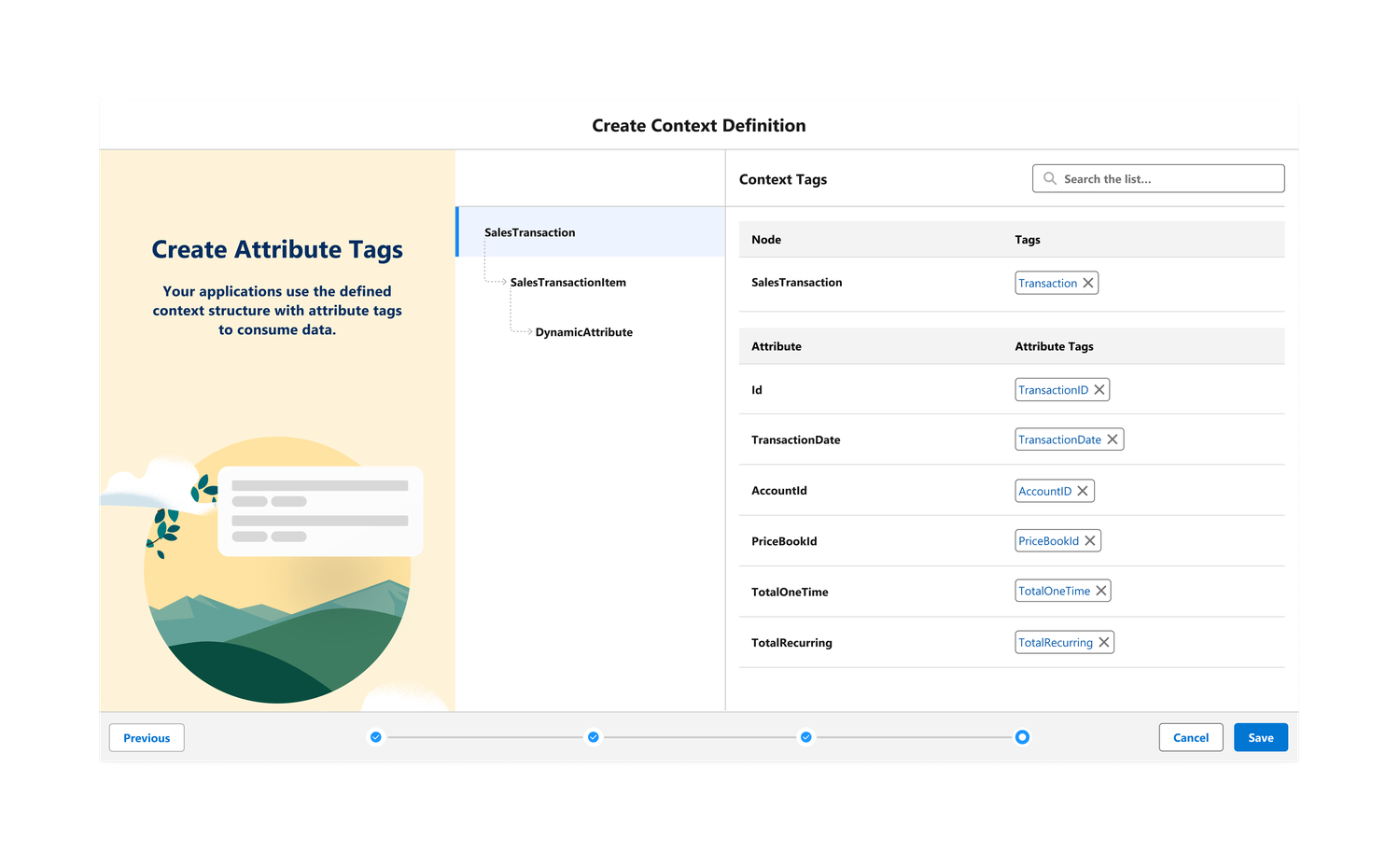 Add Tags screen: context tags on nodes and attributes