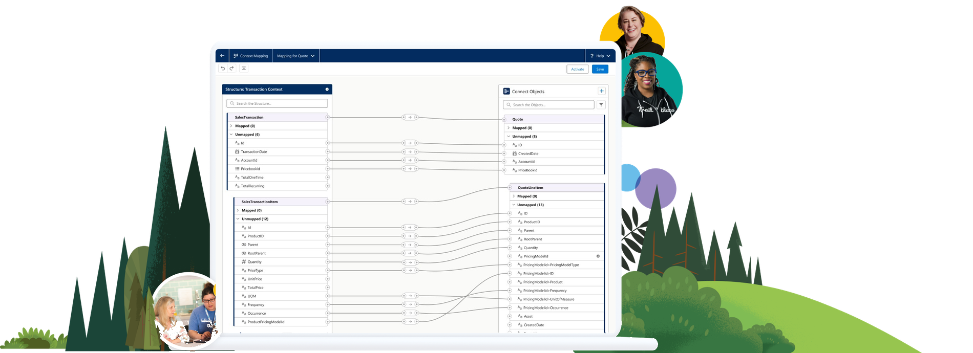 Context Service admin UI mapping business data, shown on an illustrated hillside with team avatars