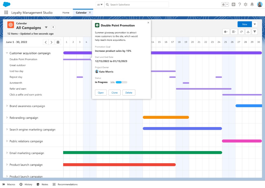 Promotions calendar grouped by campaign, with a promotion detail popover showing goal, dates, owner, and status