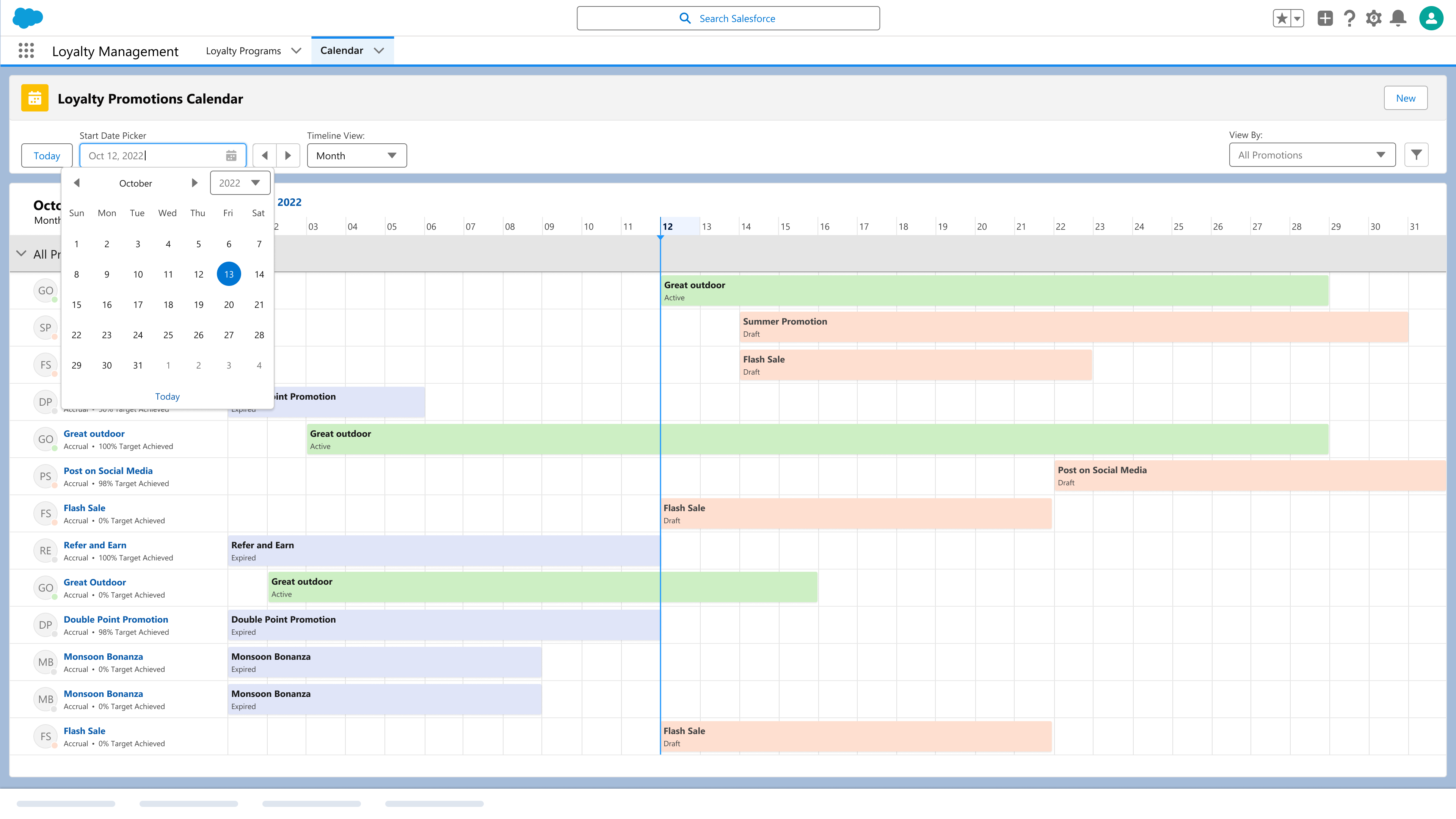 Promotion Calendar with the start date picker open, showing October 2022 with the twelfth selected and month and year steppers above the grid