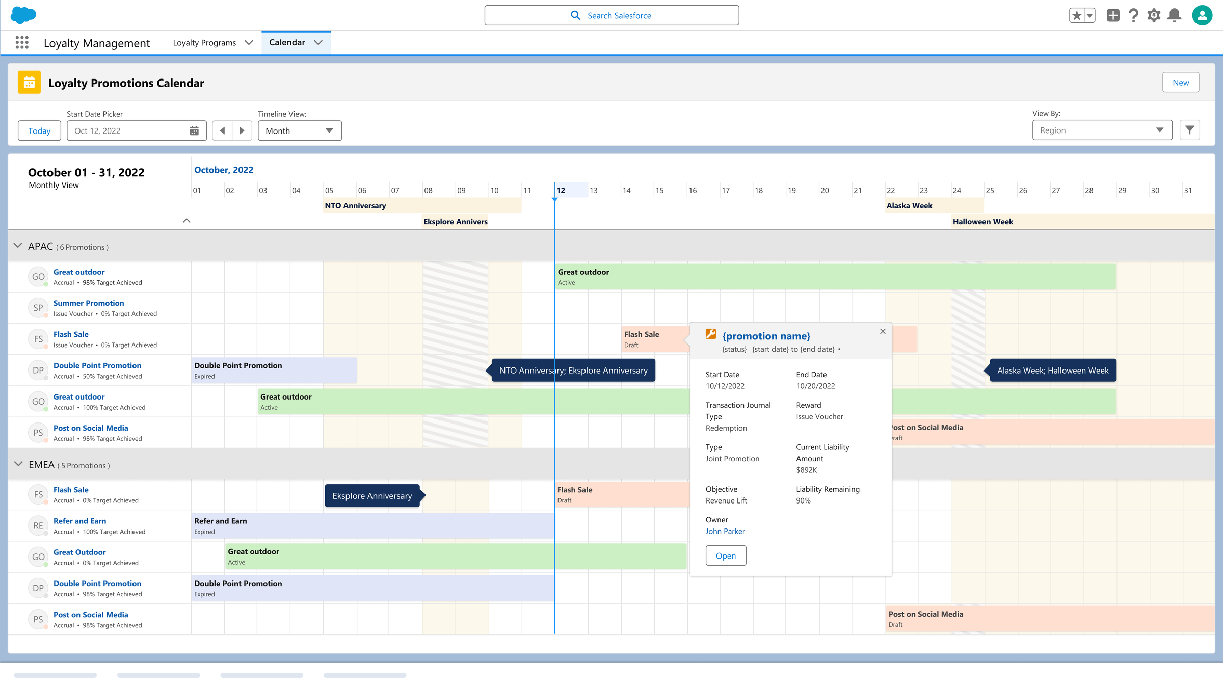 Loyalty Promotions Calendar, a Salesforce timeline view of October 2022 promotions grouped into APAC and EMEA regions, with event bands and a promotion detail card open