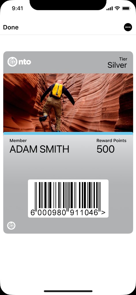 NTO Silver tier Apple Wallet pass showing Adam Smith with 500 reward points